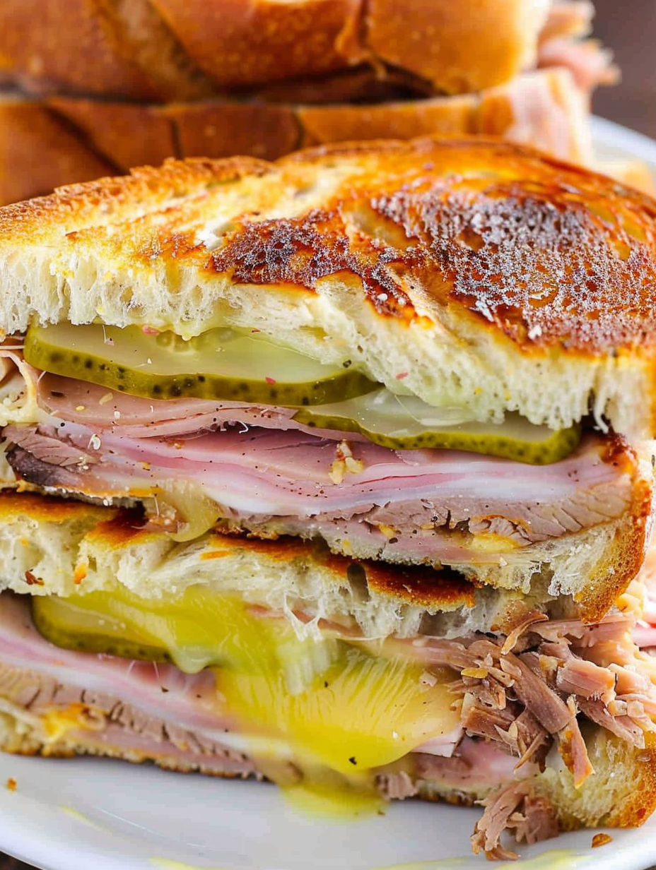 A close up of a sandwich with meat, cheese, and pickles.