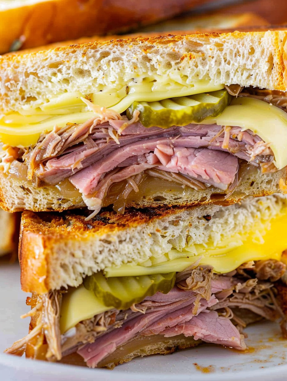 A close up of a slow cooker cuban sandwich.