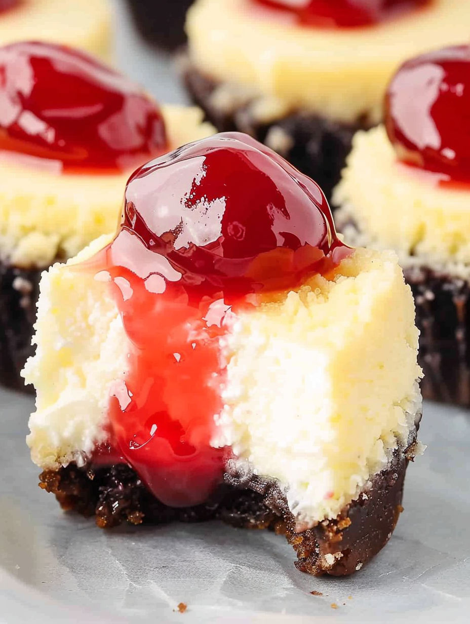 A slice of mini cherry cheesecake with a cherry on top.