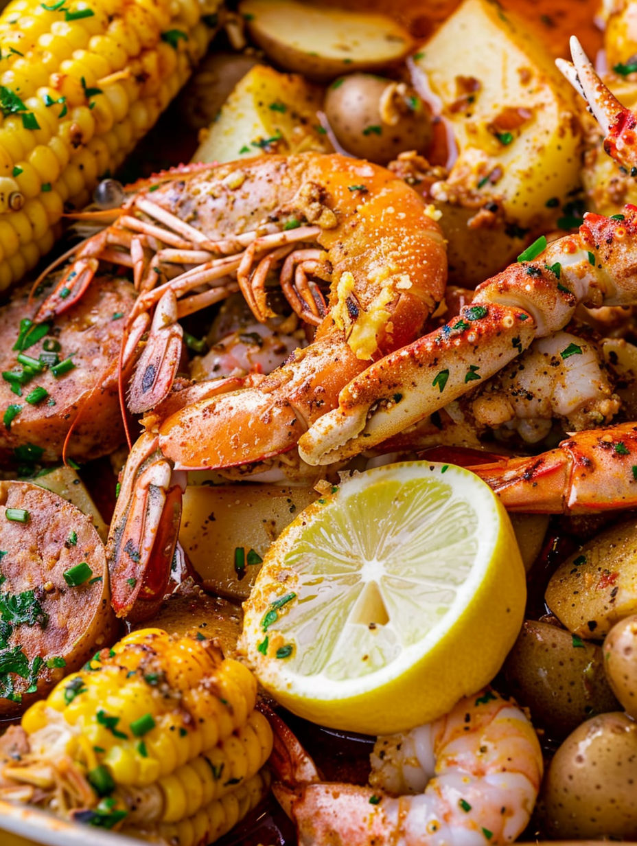 A Cajun Seafood Boil with Garlic Butter Sauce.