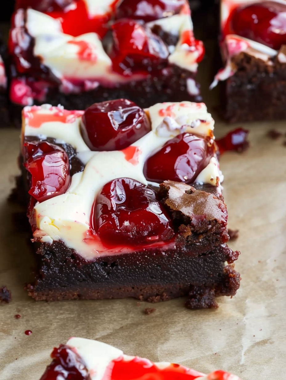 A close up of a brownies with cherries on top.