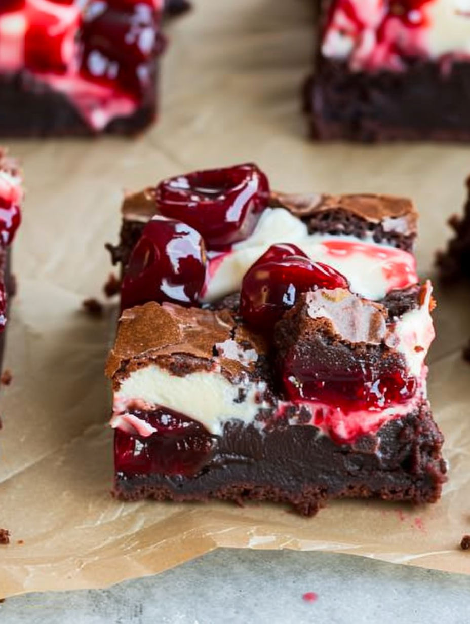 A close up of a brownies with cherries on top.