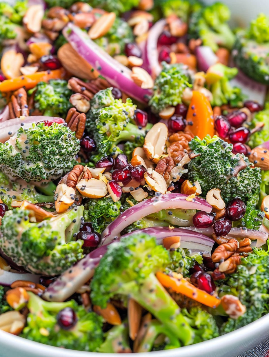 A close up of a salad with broccoli, nuts, and onions.