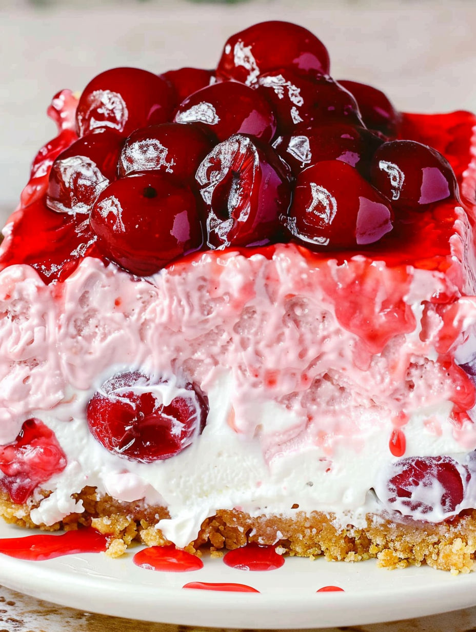 A slice of cherry cheesecake lush.