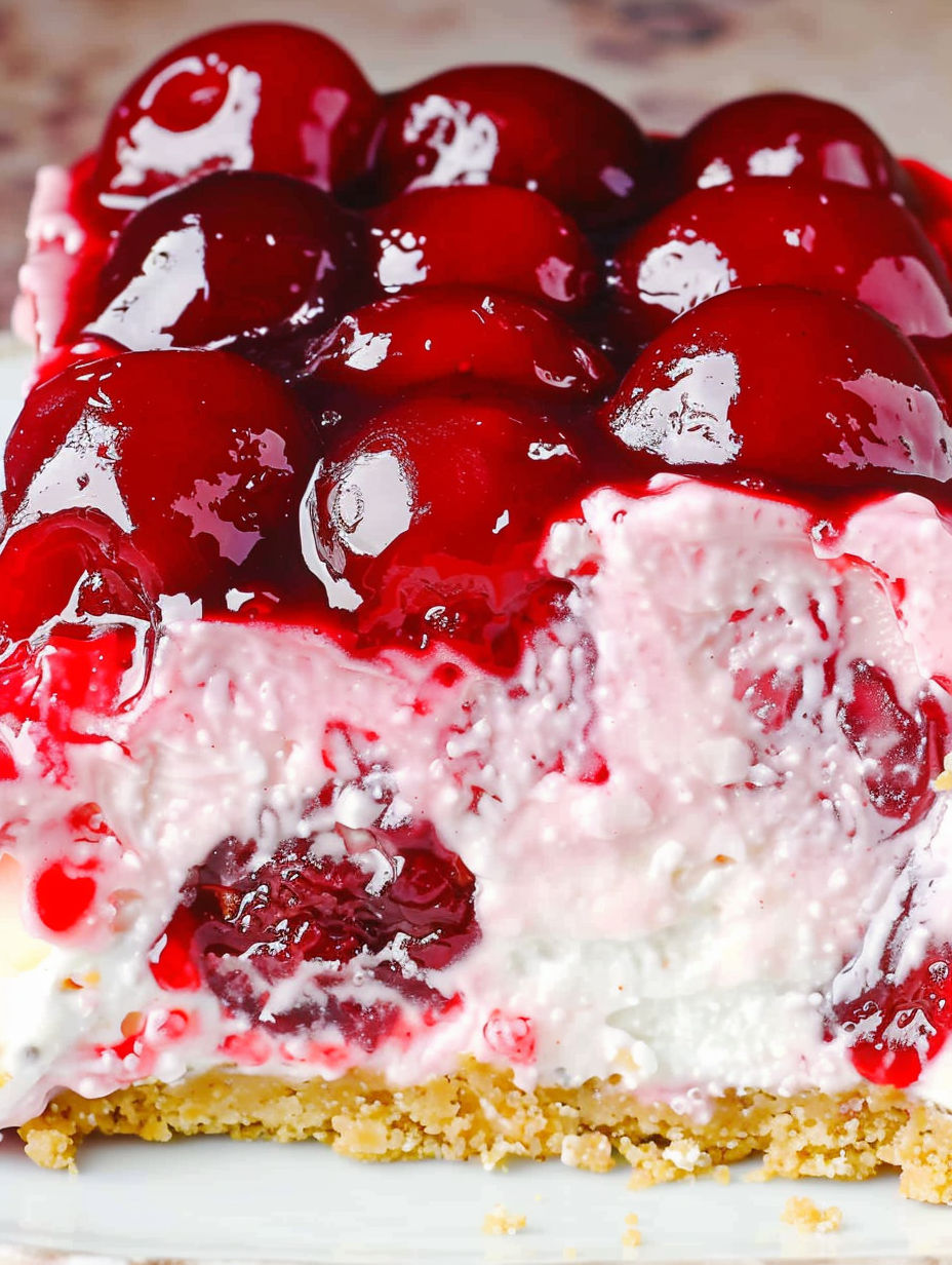 A slice of cherry cheesecake lush.