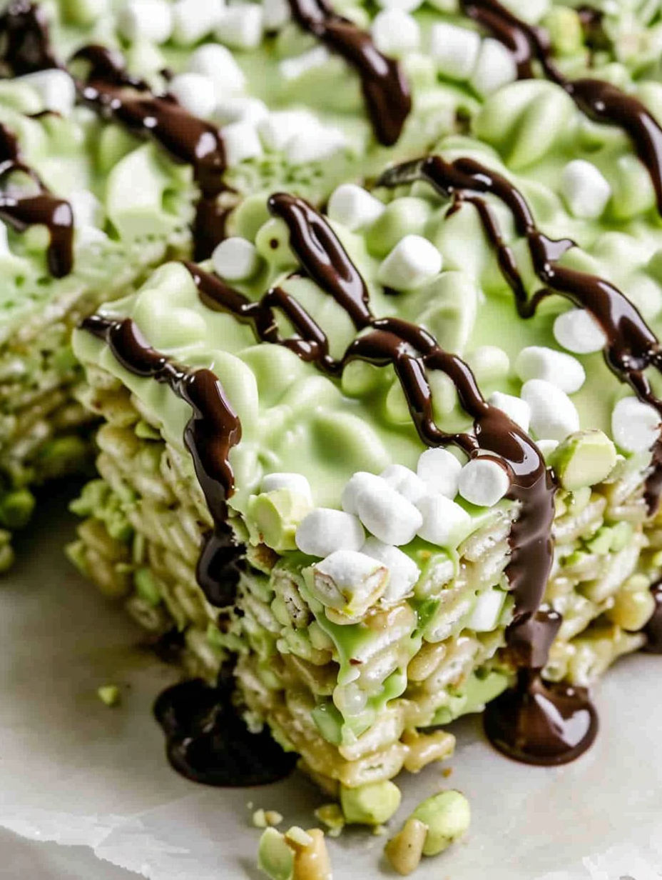 A close up of a pistachio rice krispie treat with chocolate drizzled on top.