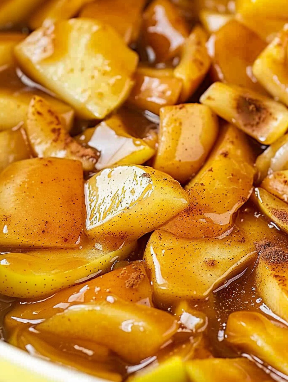 A close up of fried apples in a sauce.
