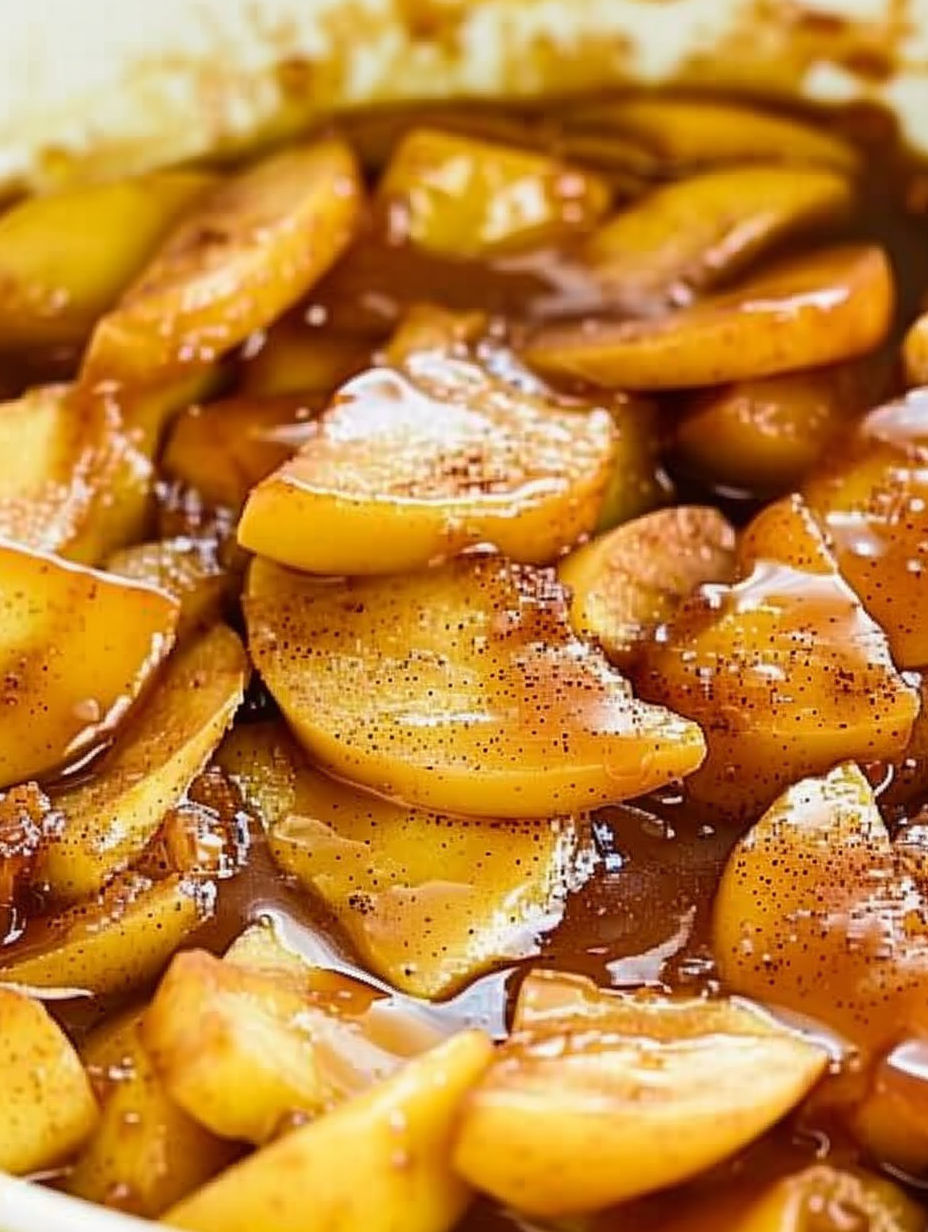 A close up of fried apples in a pan.