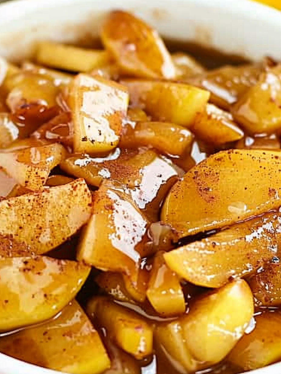 Fried apples with a brown sauce.