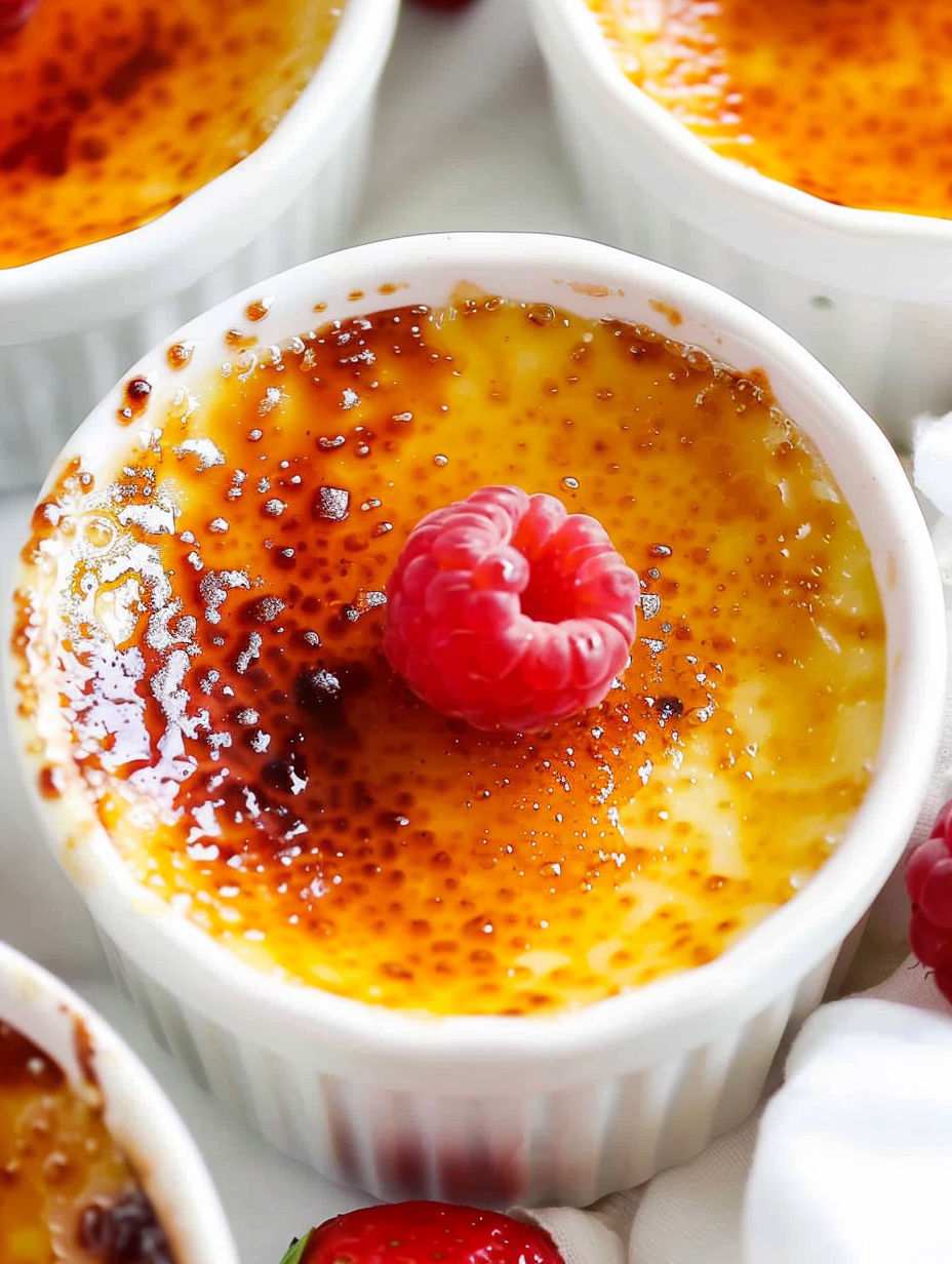 A white chocolate creme brûlée with a raspberry on top.