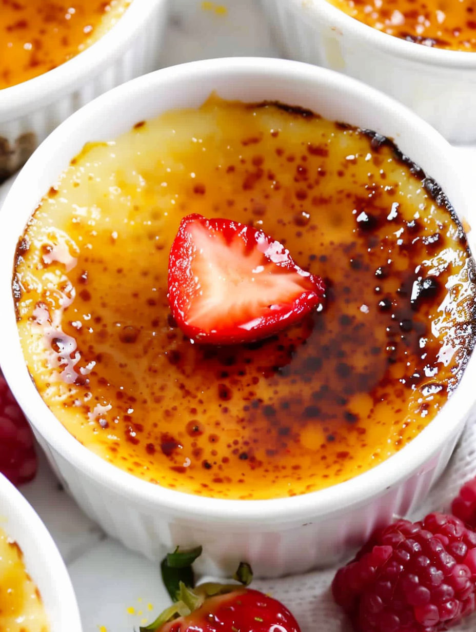 A white chocolate creme brûlée with a strawberry on top.