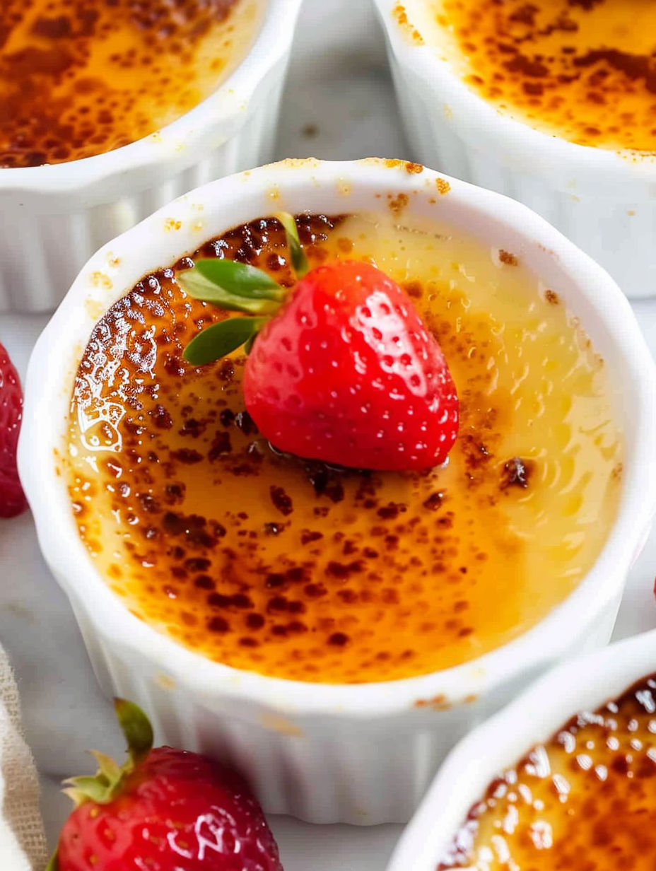 A white chocolate creme brûlée with a strawberry on top.