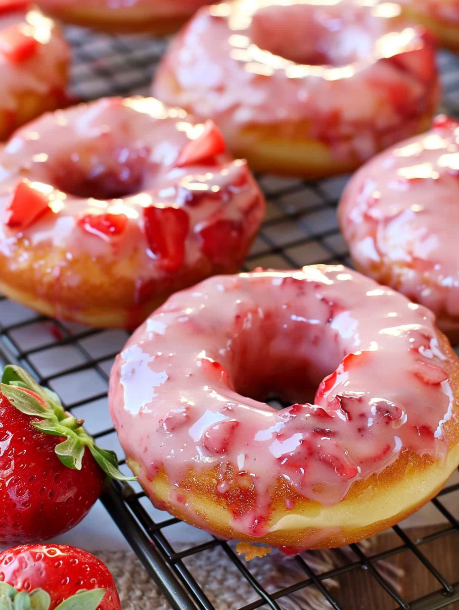 A glazed doughnut with strawberries on top.