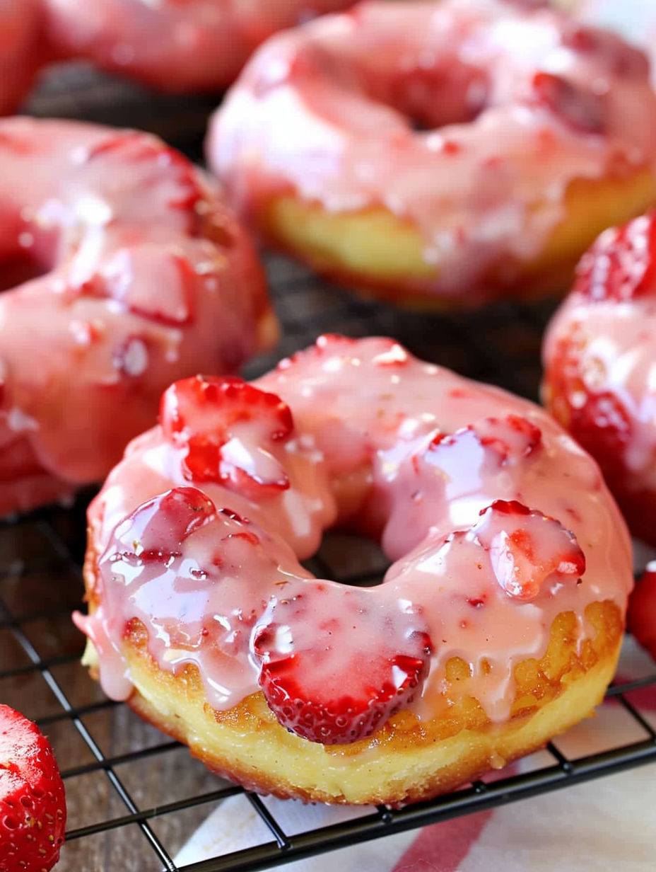 A glazed doughnut with strawberries on top.