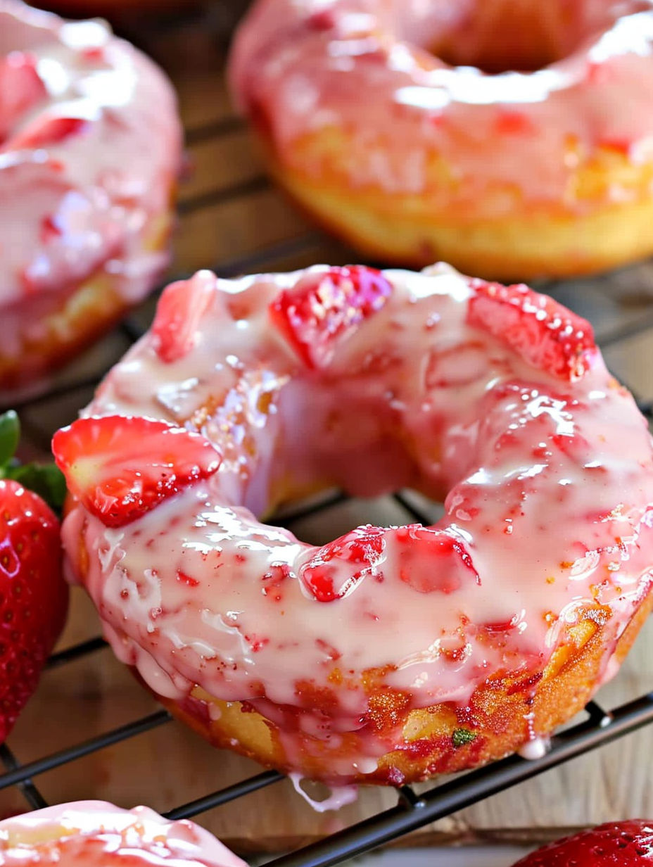 A doughnut with strawberries on top.