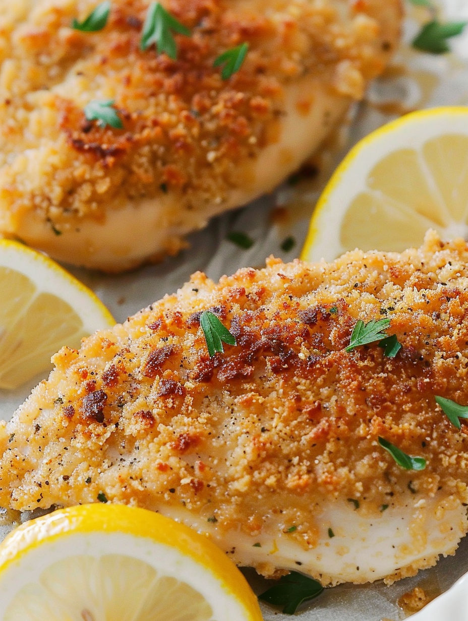 A plate of Parmesan crusted chicken with lemon wedges on the side.