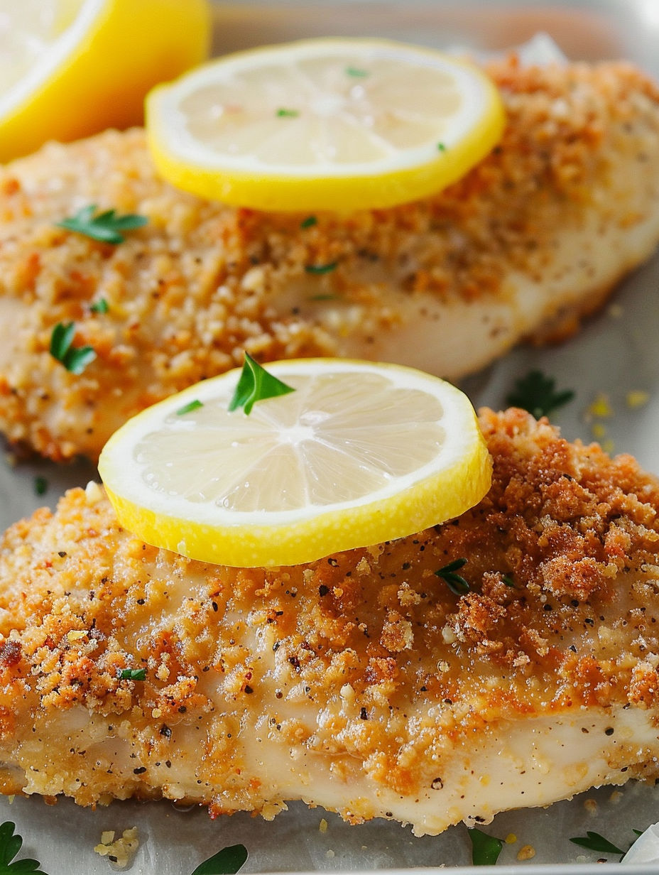 A piece of chicken with a lemon wedge on top.