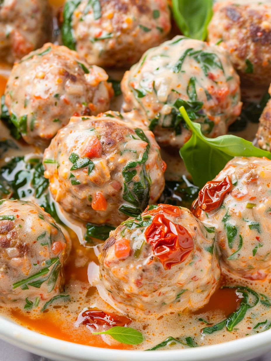 Meatballs with tomato sauce and greens.
