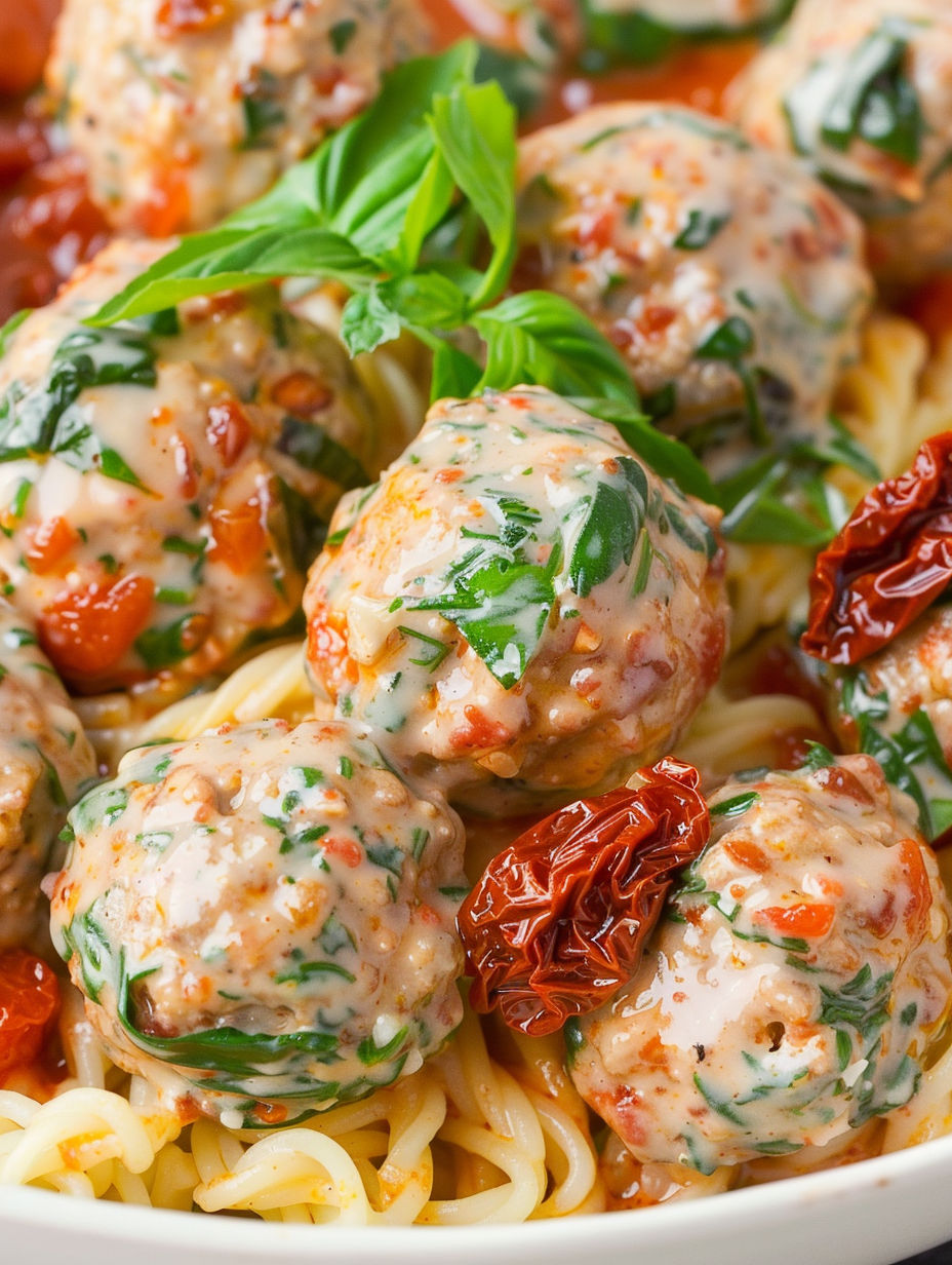 A plate of meatballs with tomato sauce and basil.