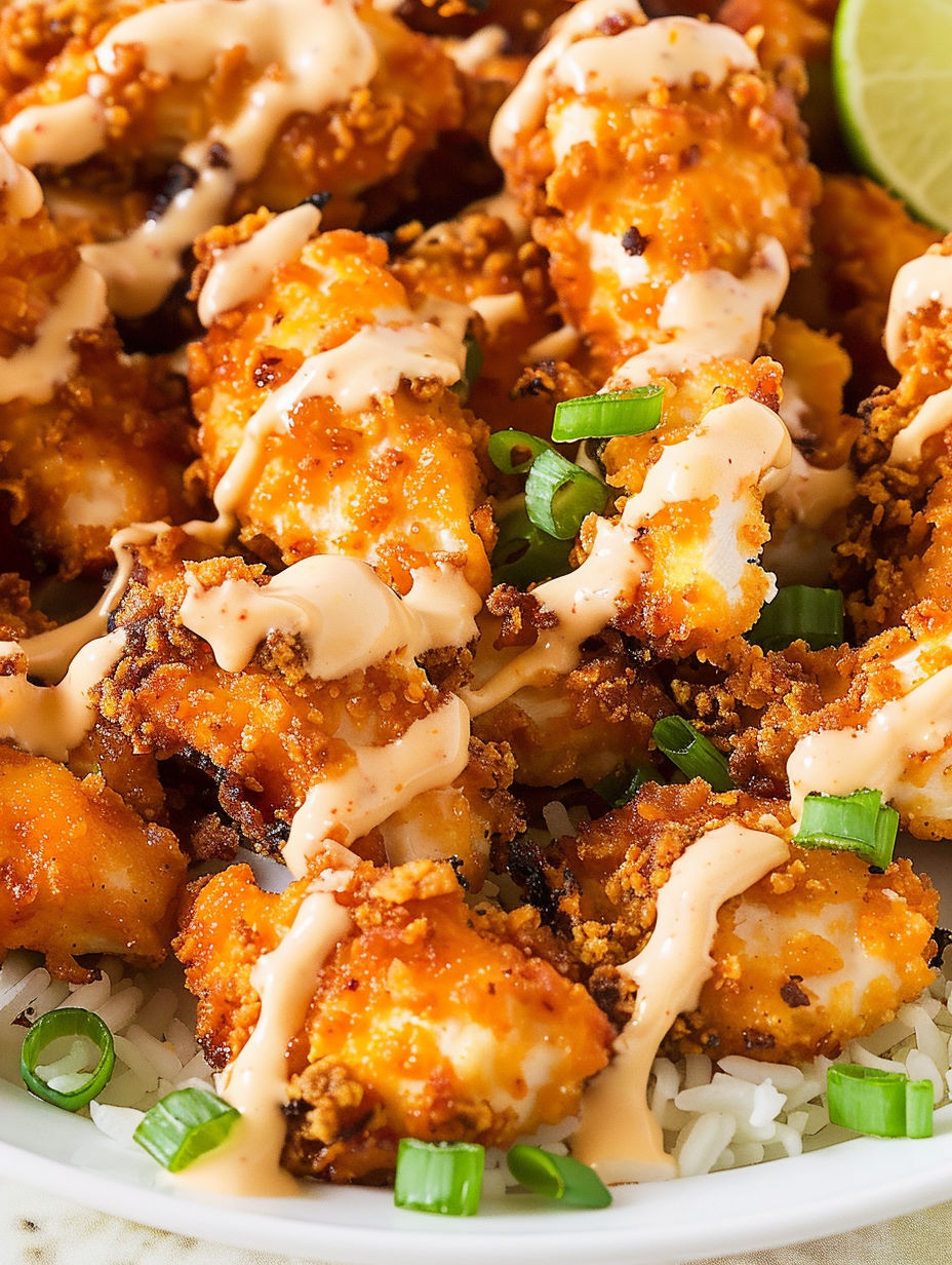 A plate of bang bang chicken with sauce drizzled over it.