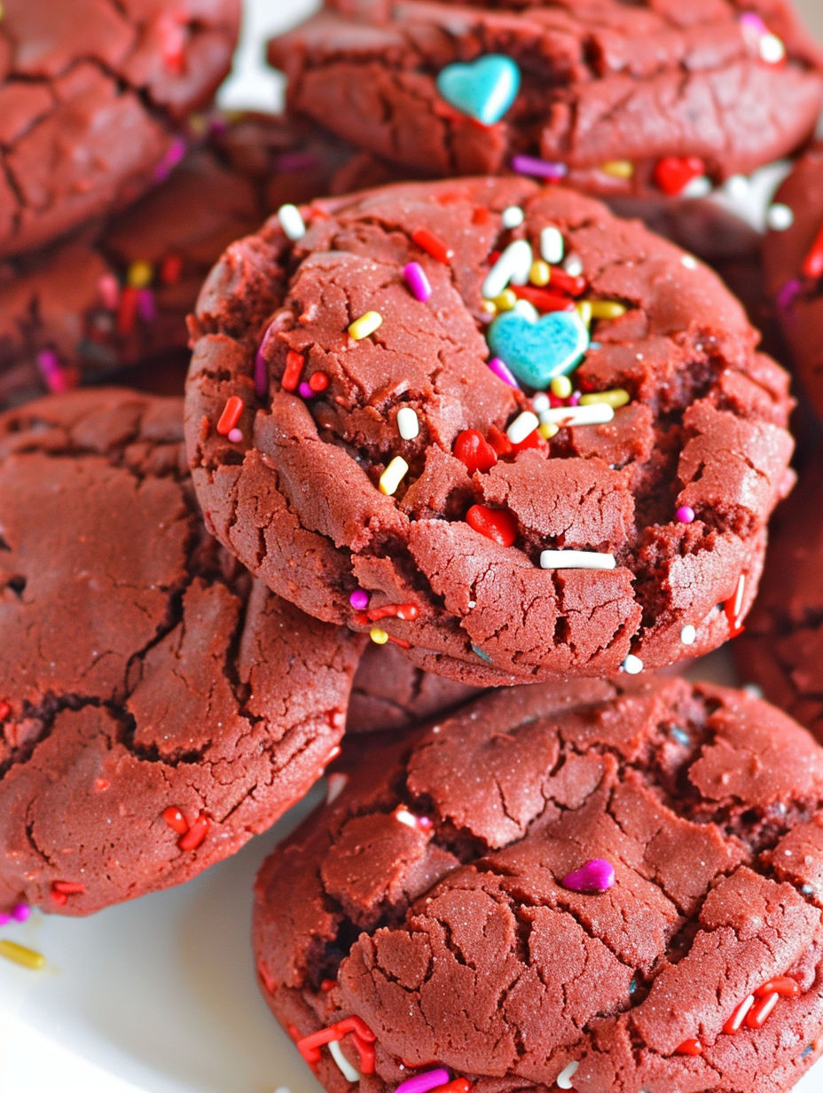 Red velvet cake mix cookies with sprinkles.