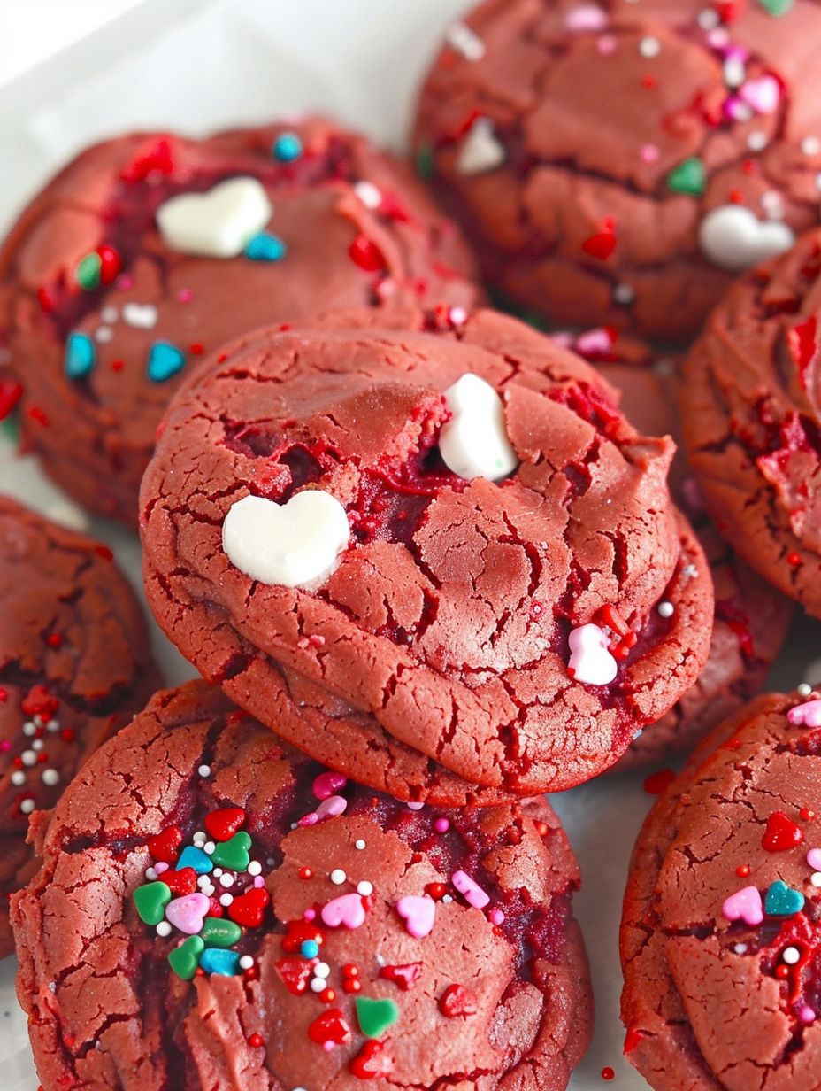 Red velvet cake mix cookies with white and red sprinkles.