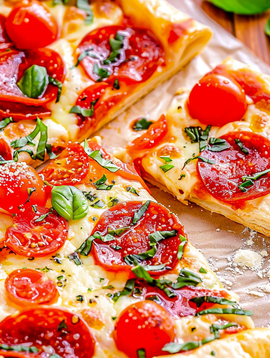 A slice of pizza with tomatoes and basil.