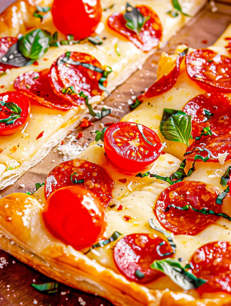 A pizza with tomatoes and basil on it.