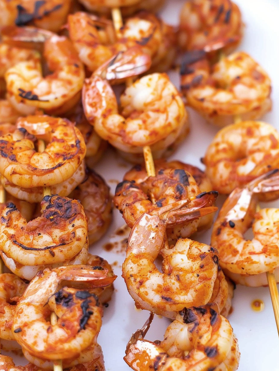 Grilled shrimp skewers on a white plate.