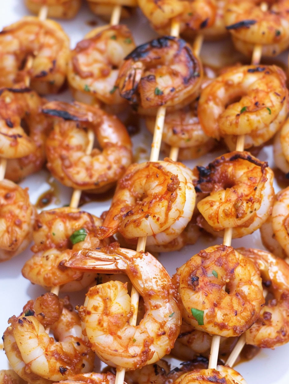 Spicy grilled shrimp skewers on a white plate.