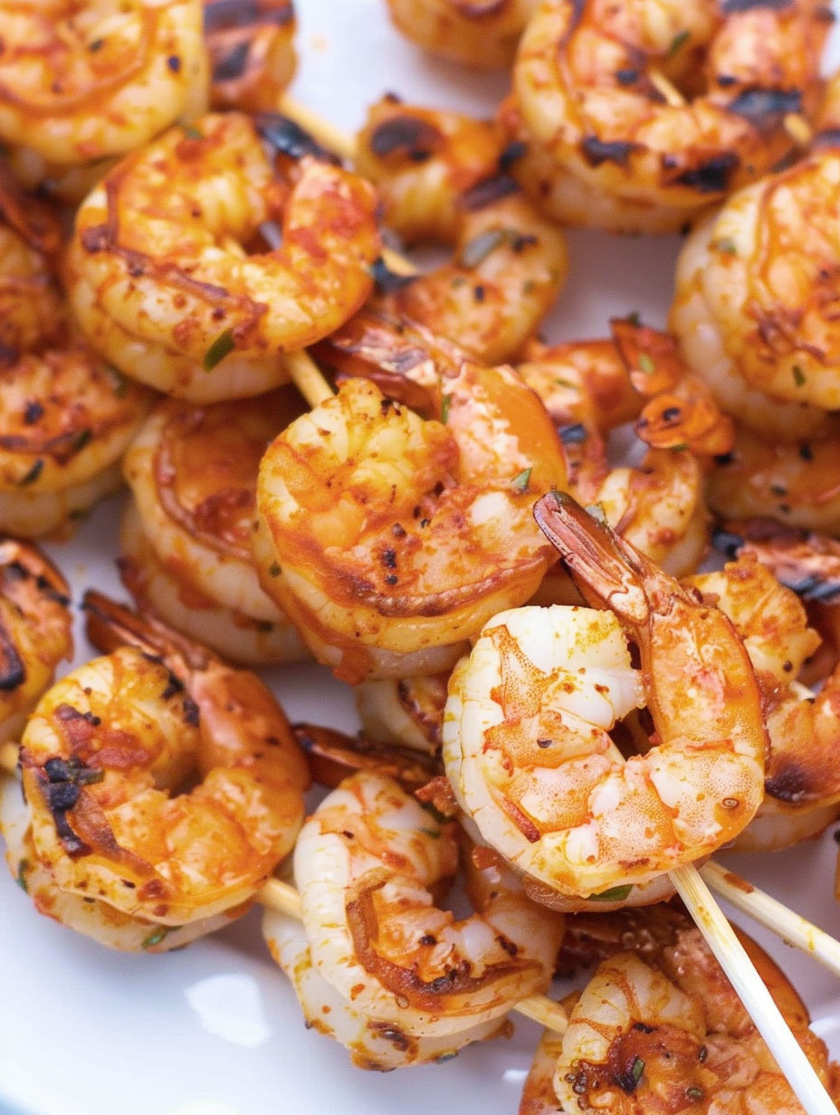 Spicy grilled shrimp skewers on a white plate.