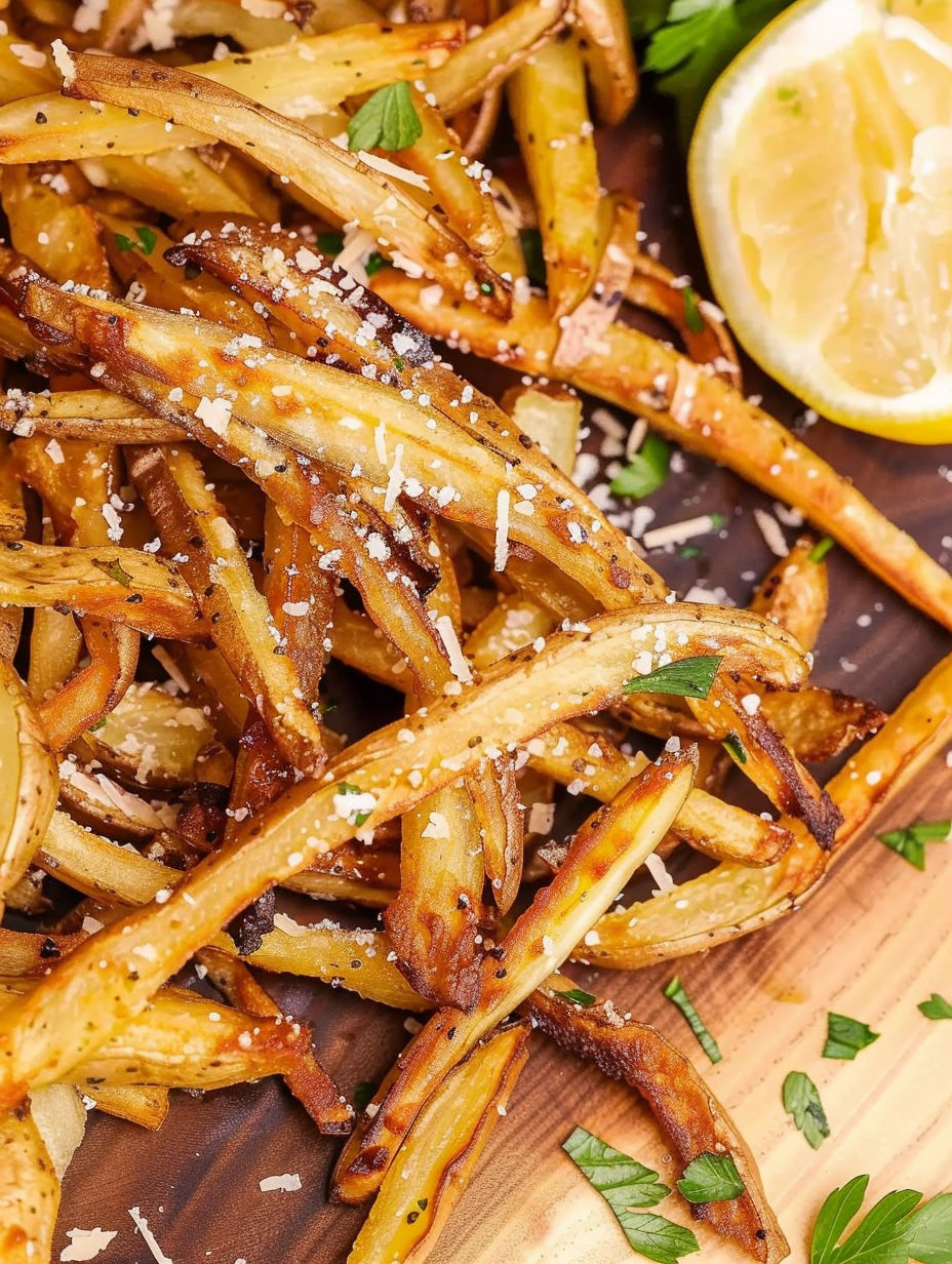 A plate of air fryer french fries with seasoning.