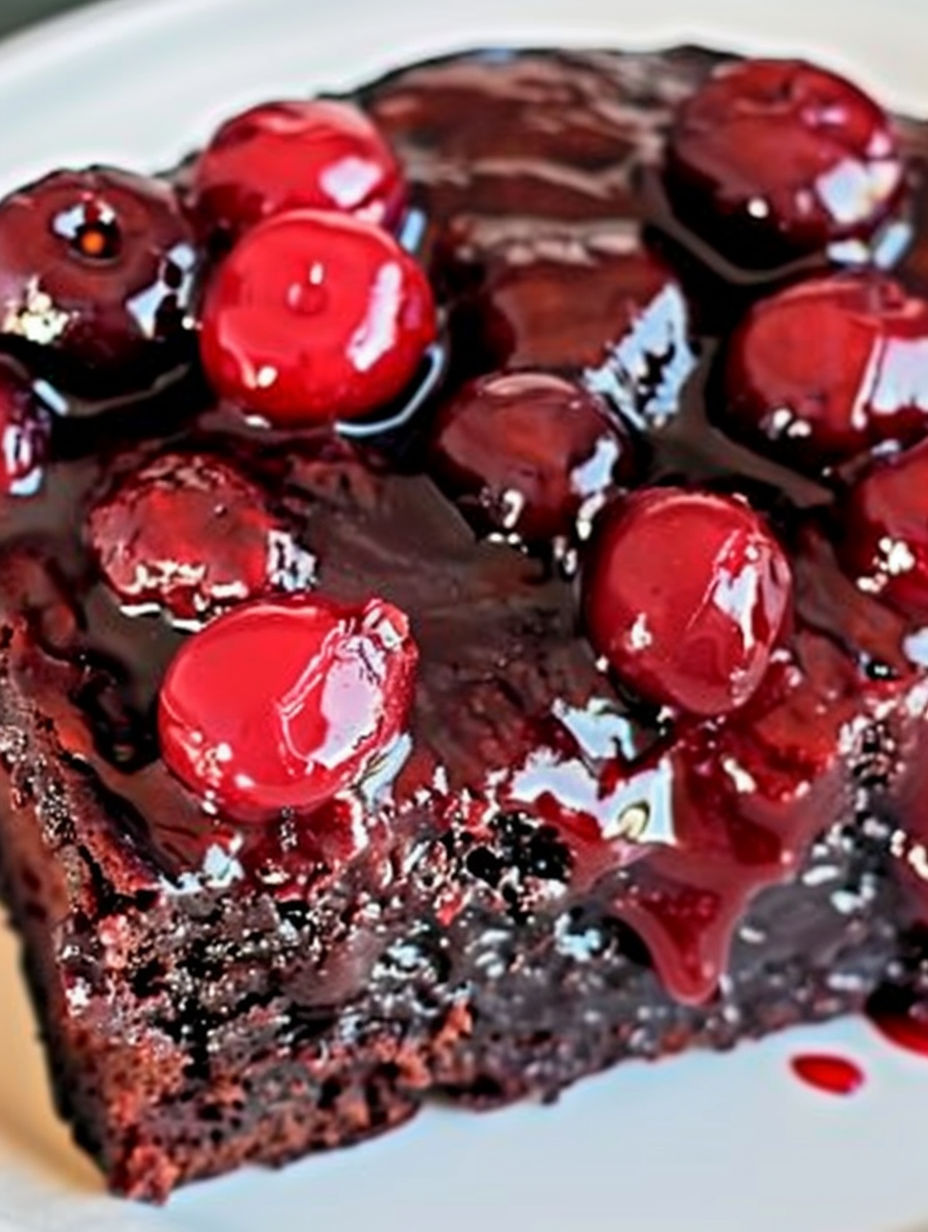 A slice of chocolate cherry upside-down cake.