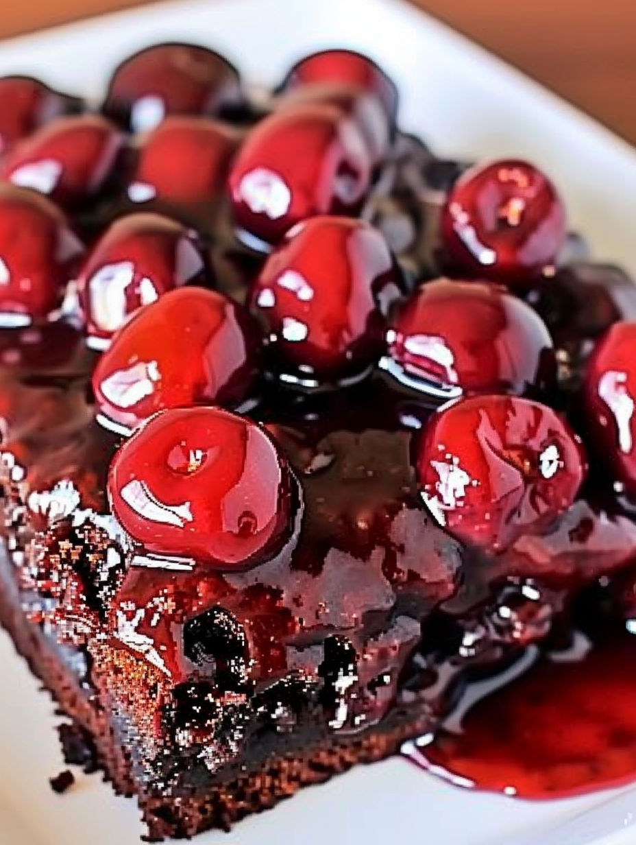A slice of mom's chocolate cherry upside-down cake.