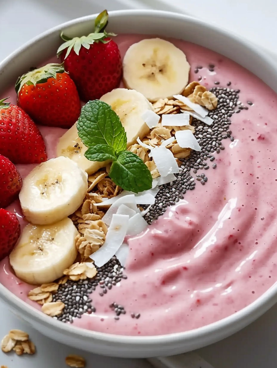 A bowl of strawberry banana paradise smoothie.