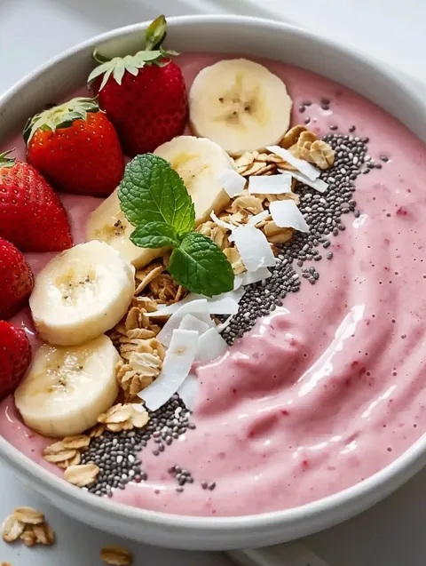 A bowl of strawberry banana paradise smoothie.