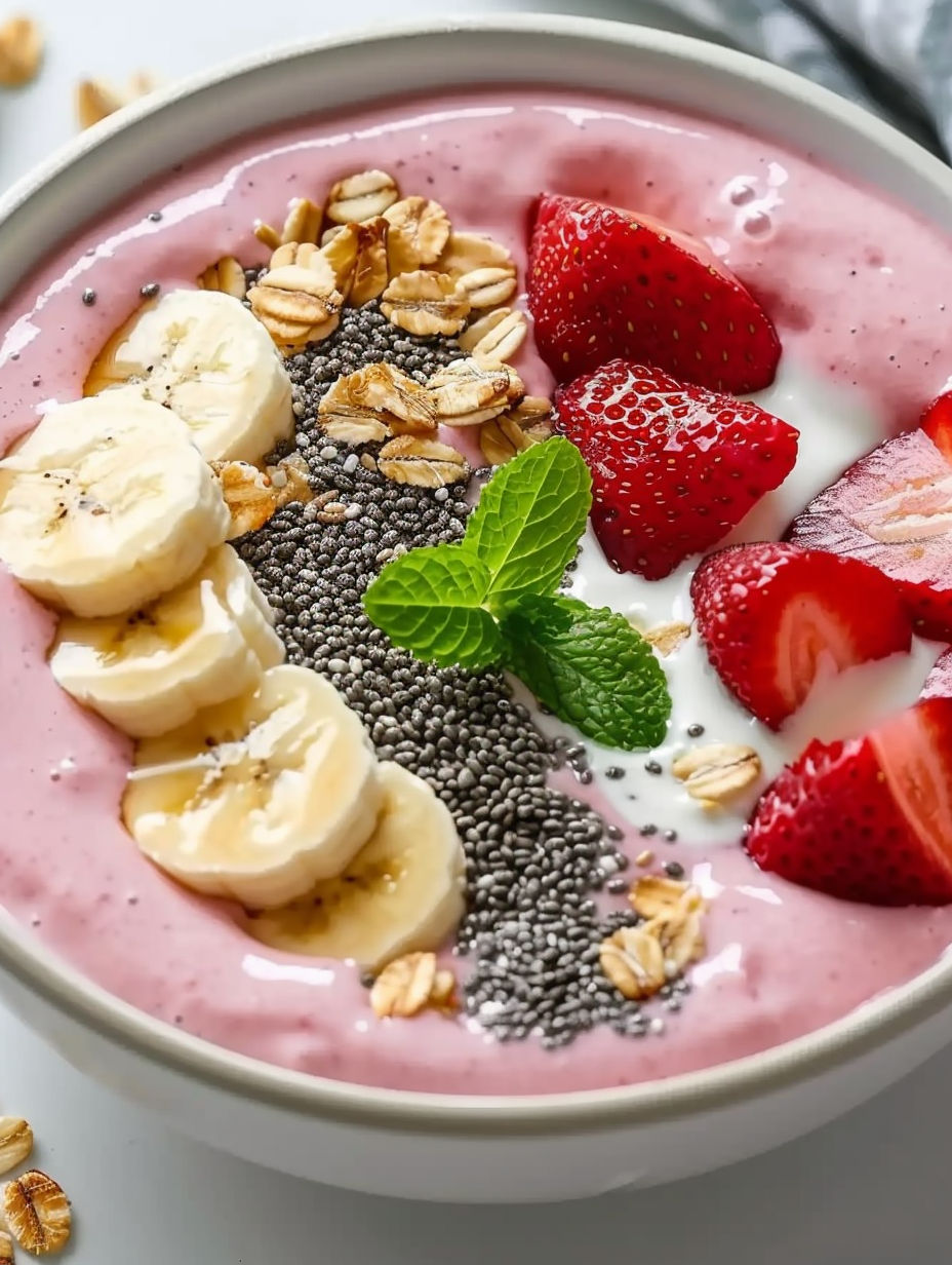 A bowl of strawberry banana paradise smoothie.