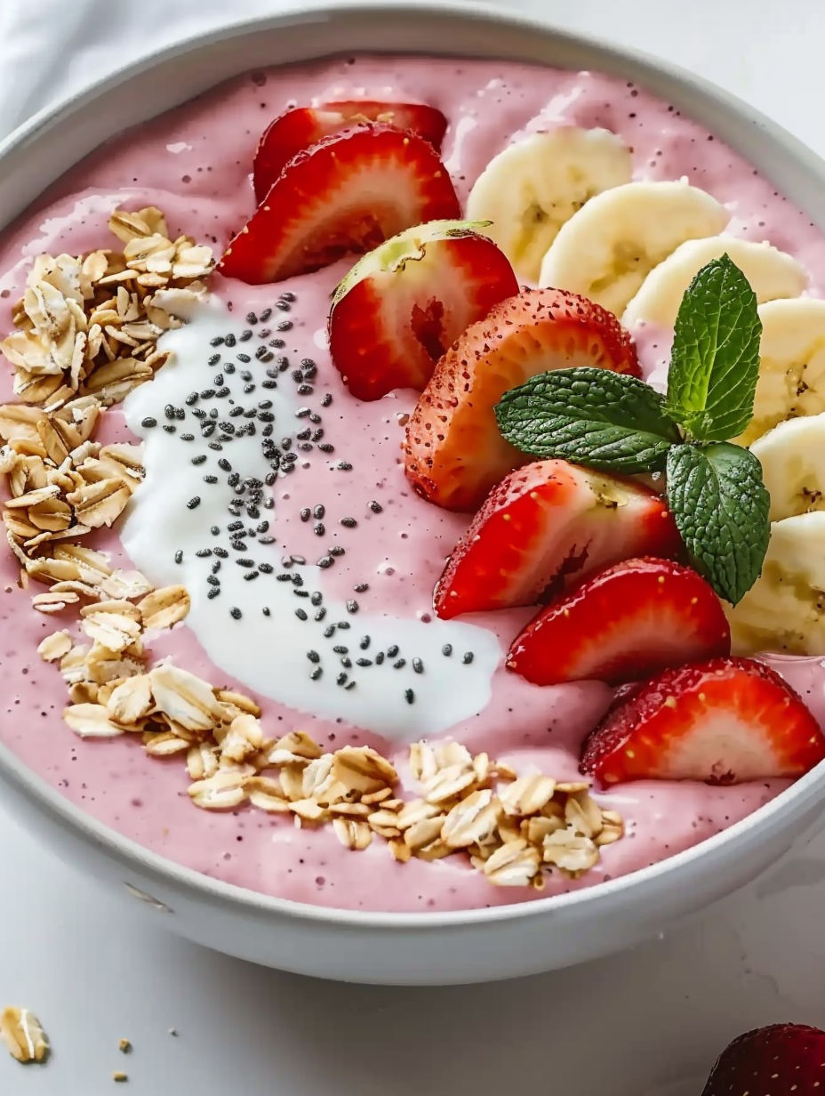 A bowl of strawberry banana paradise smoothie.