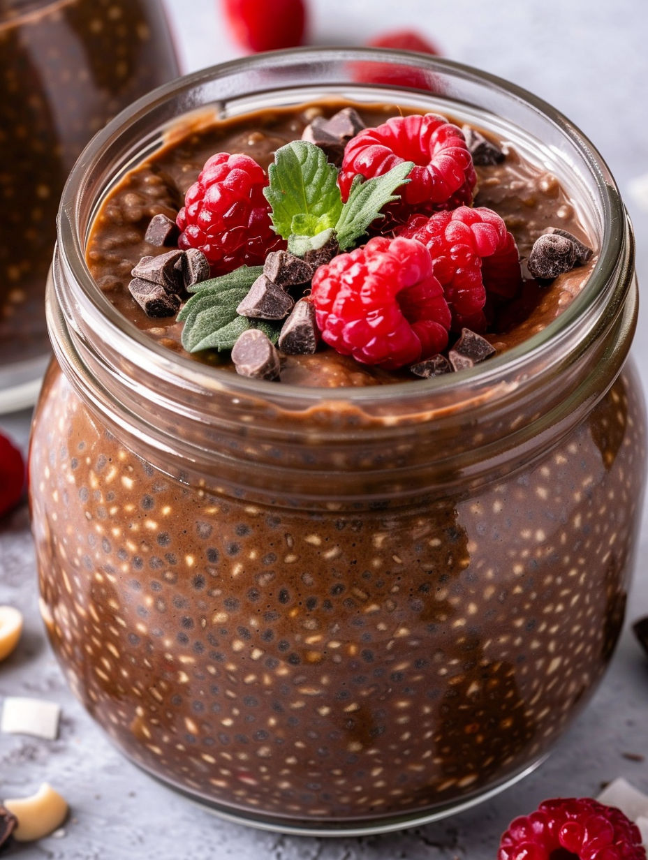 A jar of chocolate chia pudding with raspberries on top.