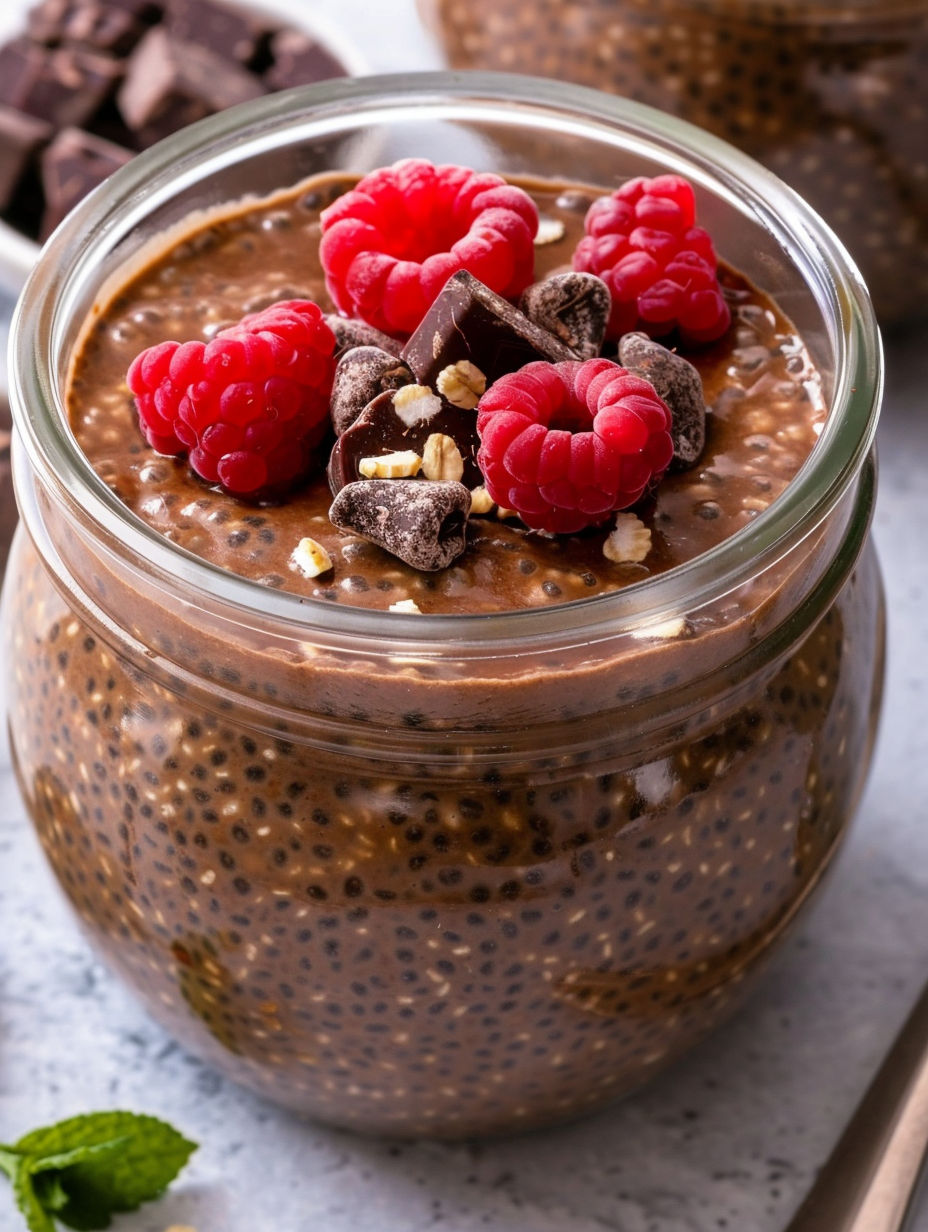 A glass of chocolate chia pudding with raspberries on top.