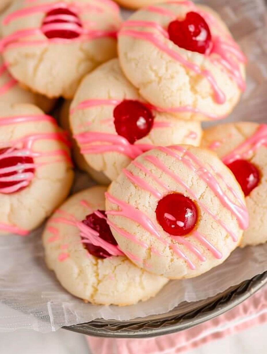 A plate of cookies with pink frosting and cherries.