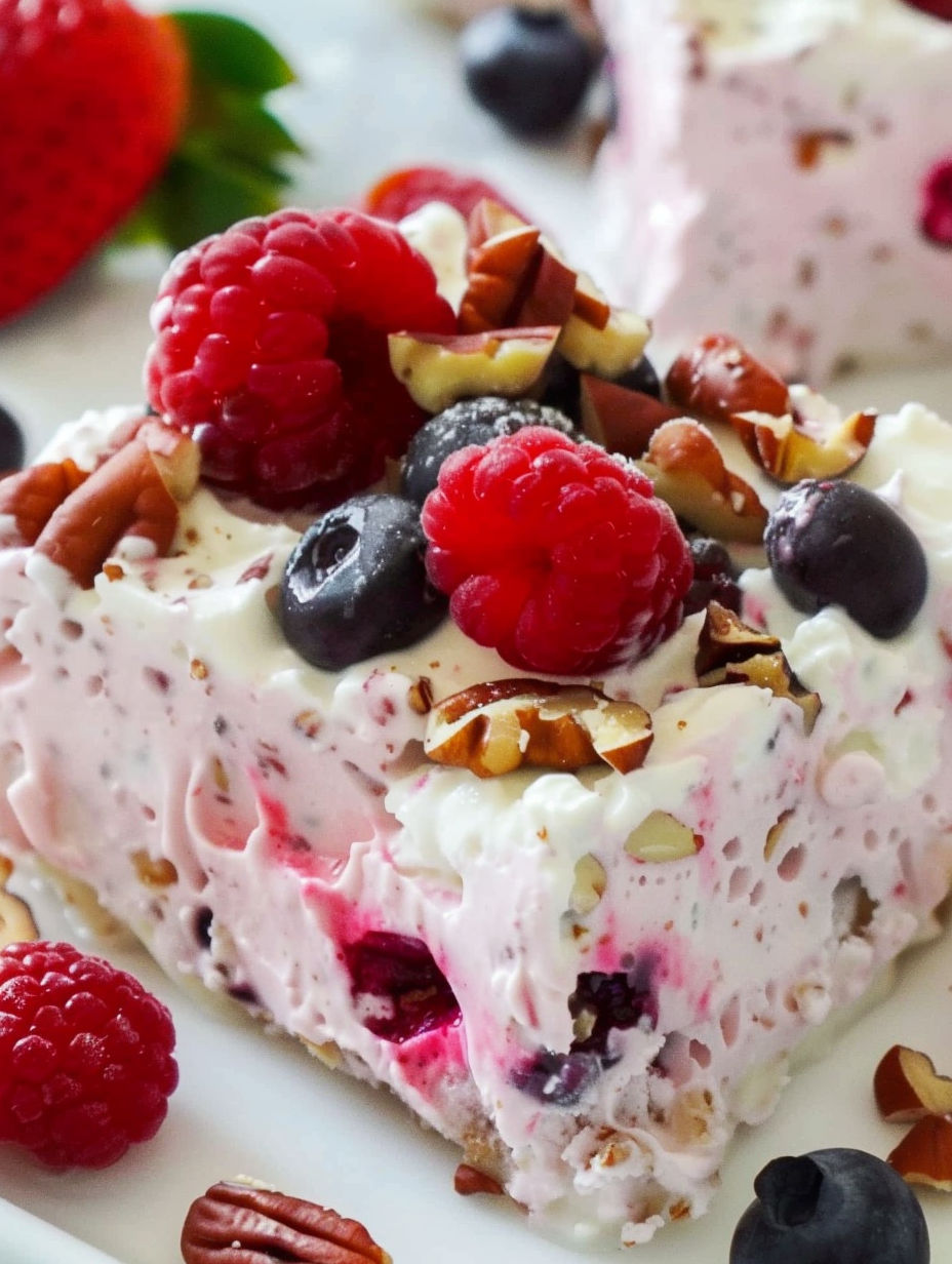 A close up of a dessert with berries and nuts.