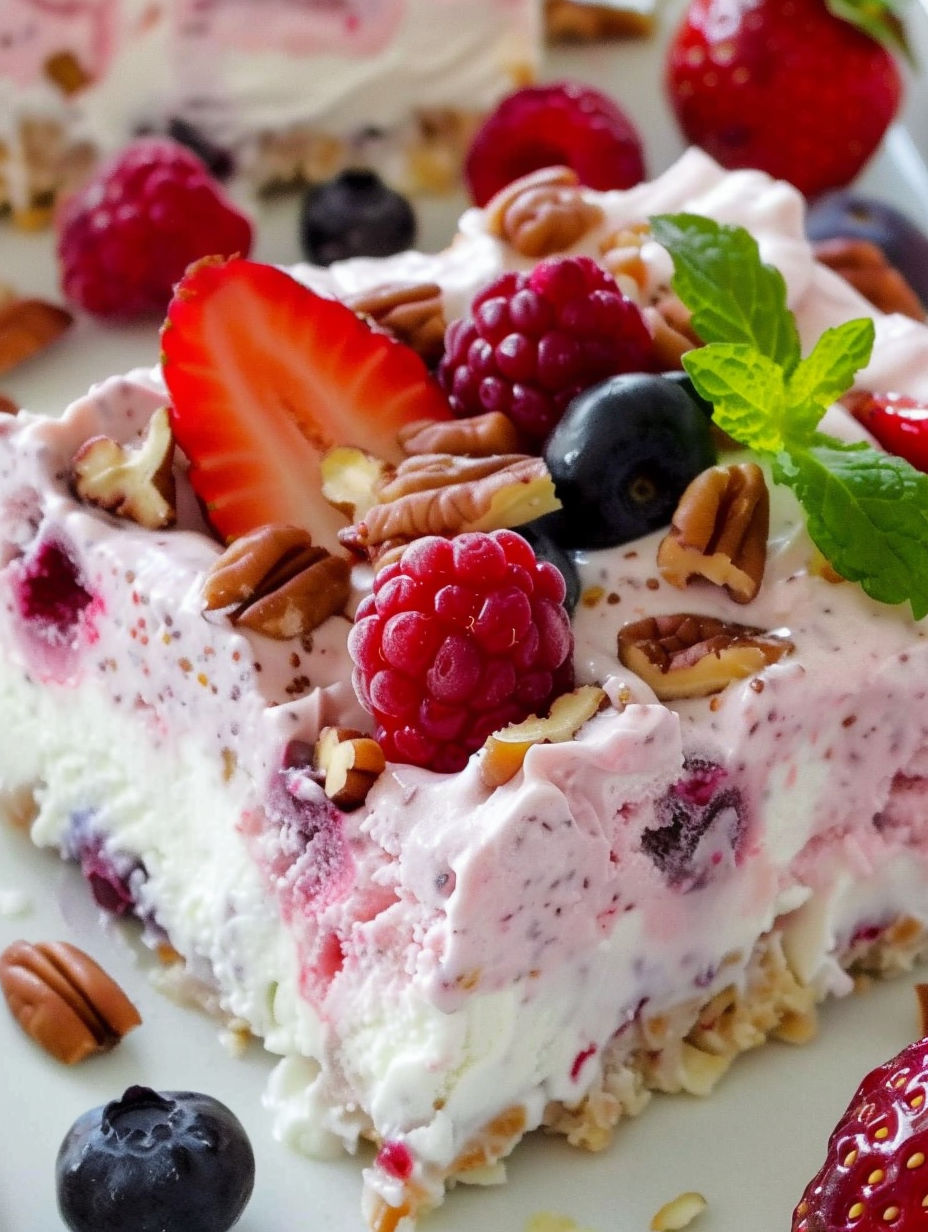 A close up of a dessert with berries and nuts.