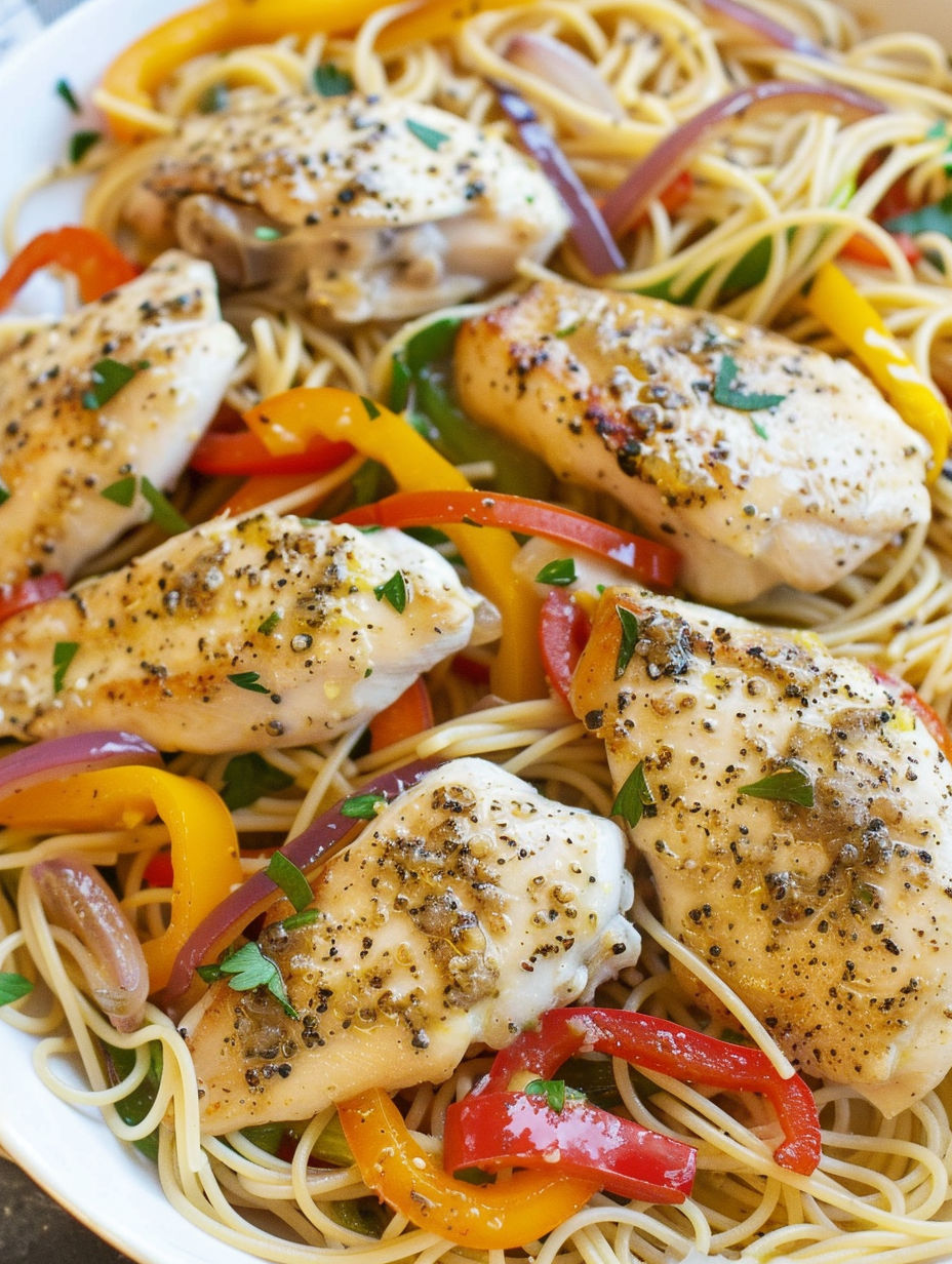 A plate of chicken scampi with peppers and spices.