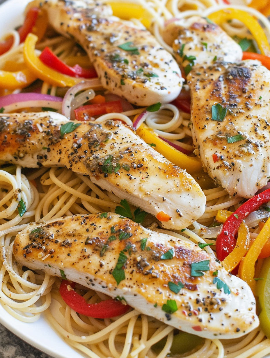 A plate of chicken scampi with pasta and peppers.