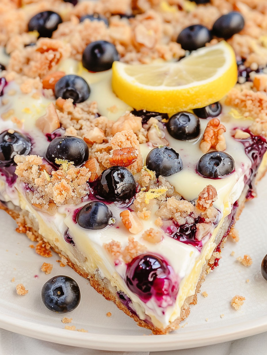 A slice of lemon blueberry dessert pizza.