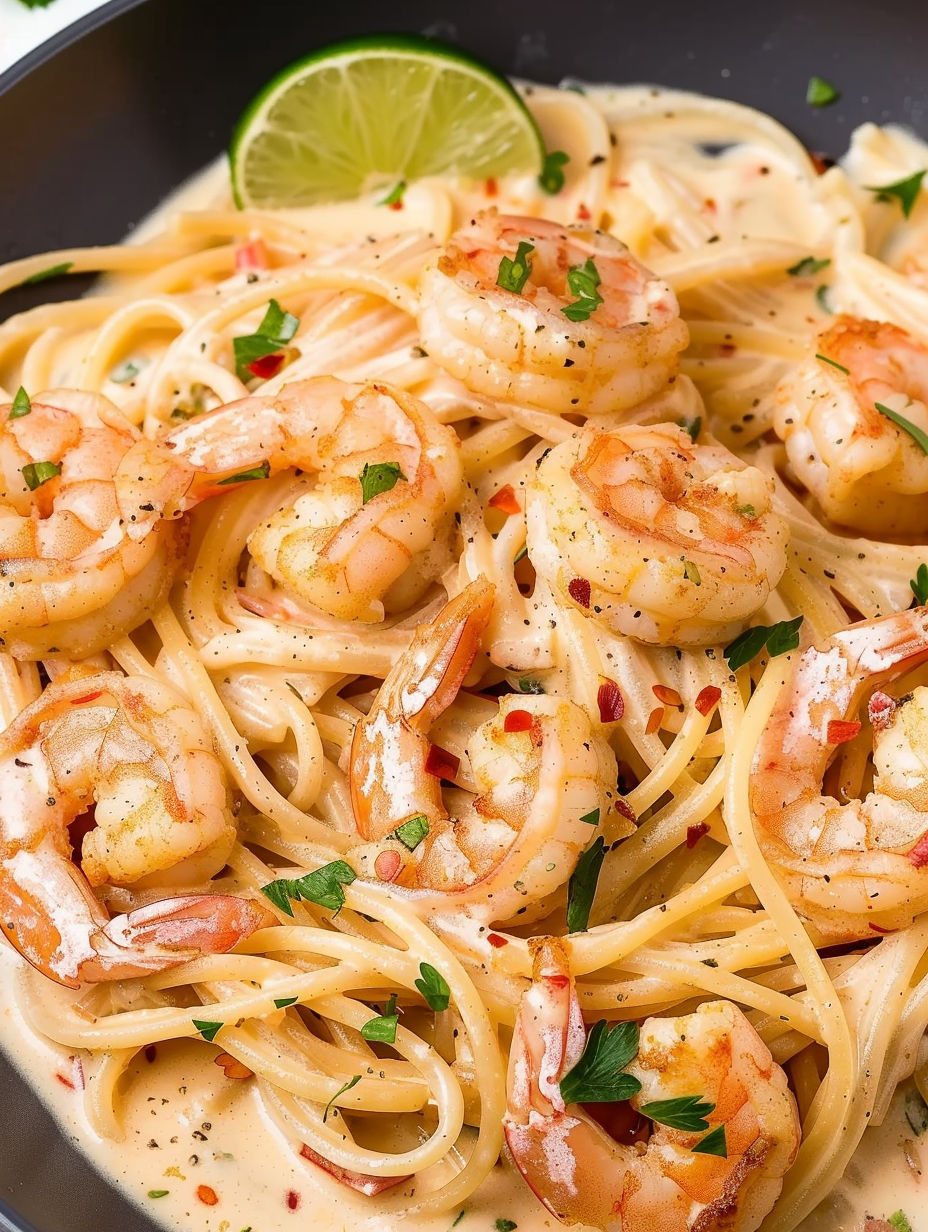 A bowl of shrimp and pasta.