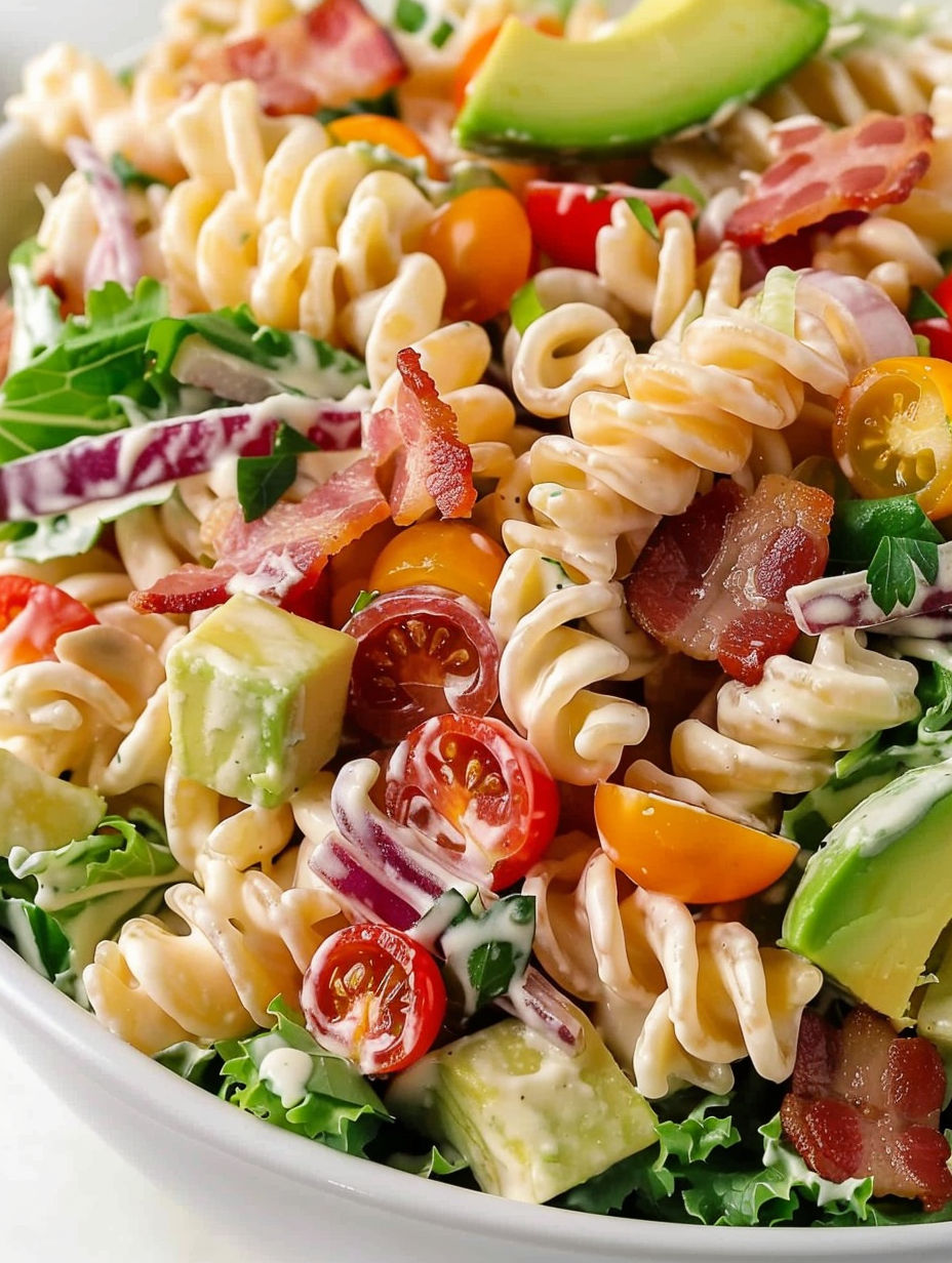 A bowl of pasta salad with tomatoes, avocado, and bacon.