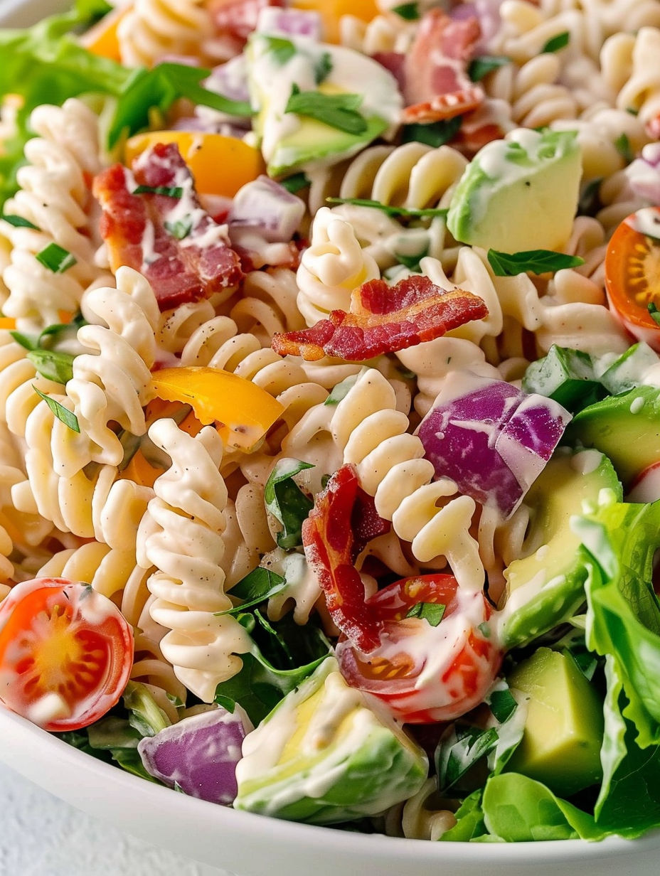 A plate of pasta with tomatoes, avocado, and bacon.