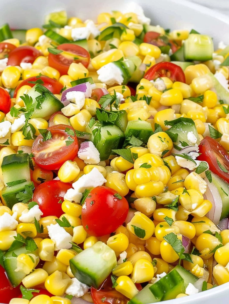 A corn salad with tomatoes, cucumbers, and cheese.
